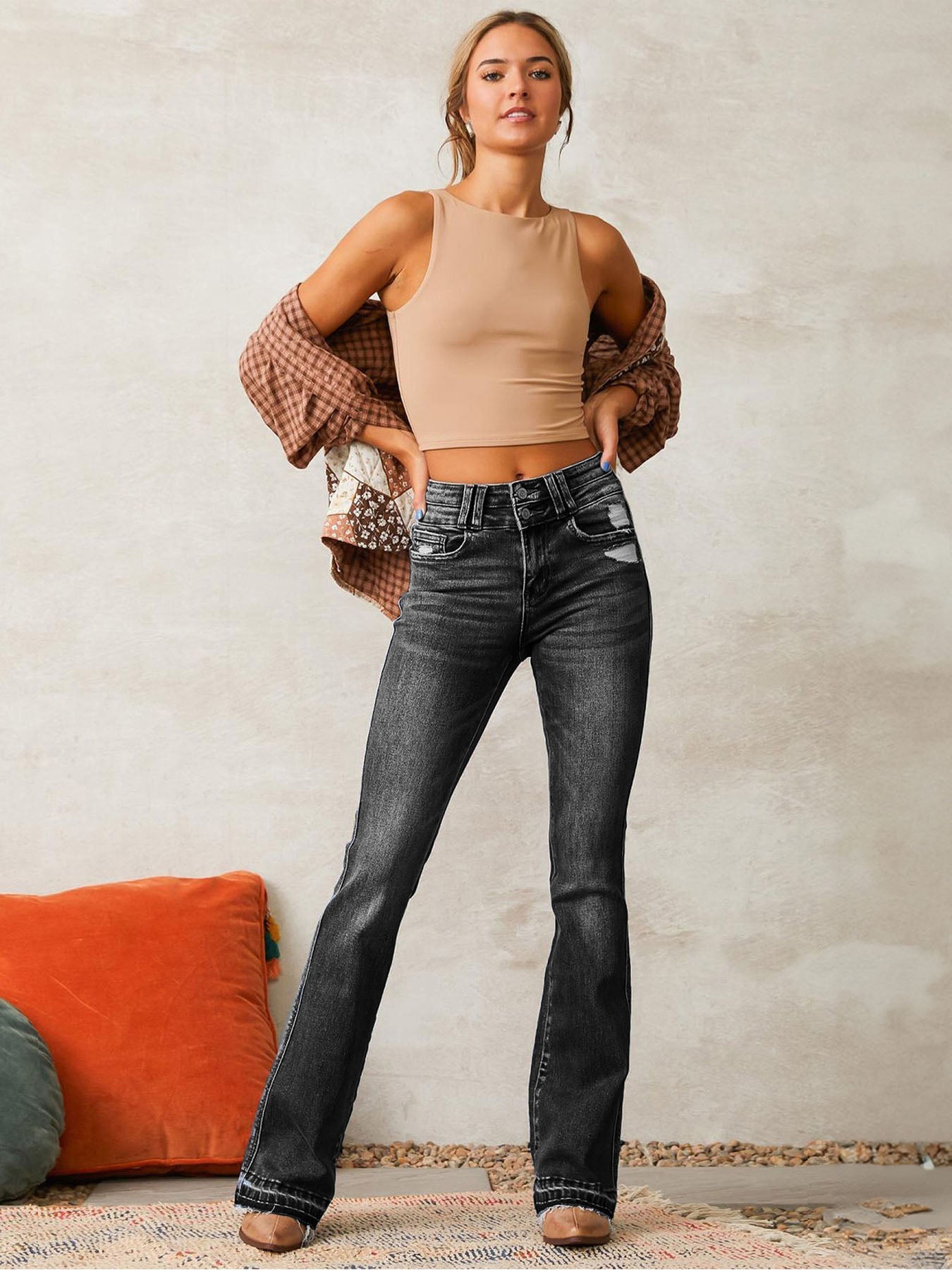Ripped Stretch Denim Flare Jeans