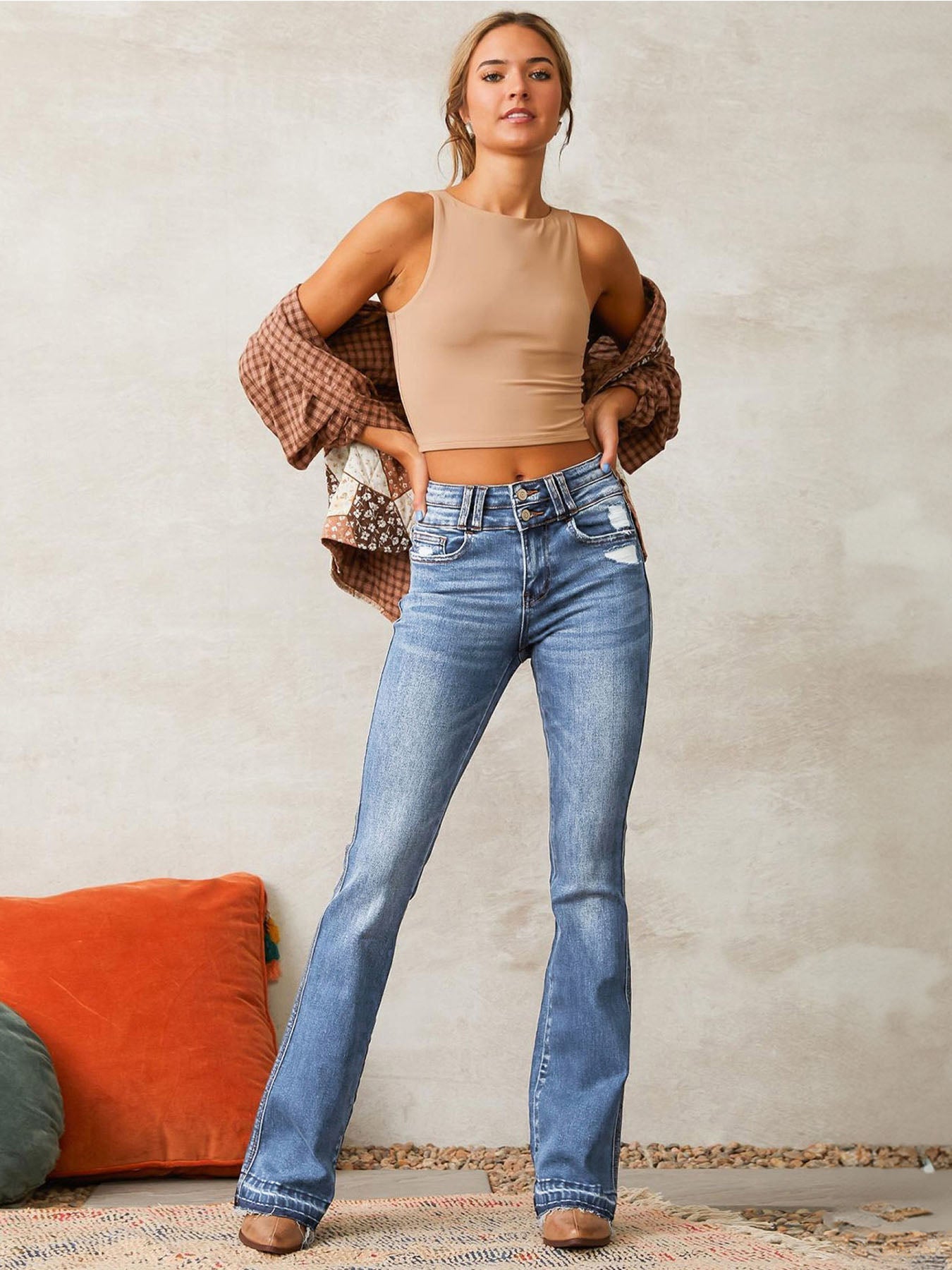 Ripped Stretch Denim Flare Jeans