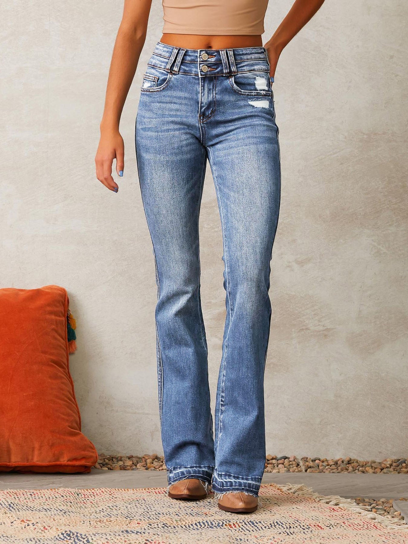Ripped Stretch Denim Flare Jeans