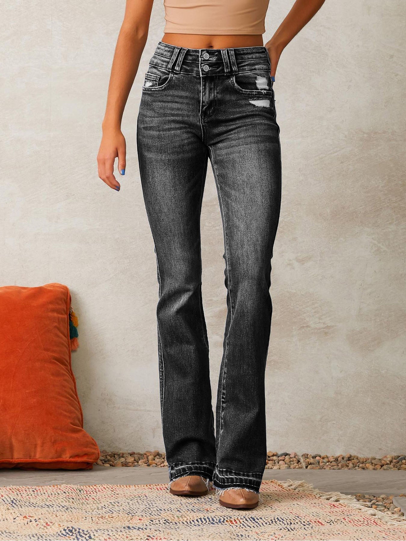 Ripped Stretch Denim Flare Jeans