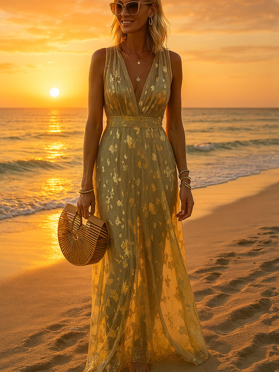 Sexy V-Neck Gold Dress